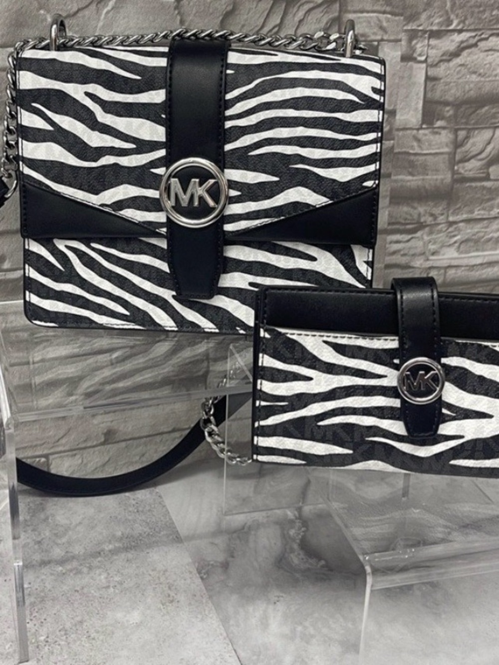 Michael Kors Greenwich Zebra Stripe Crossbody Bag & Matching Wallet Black White